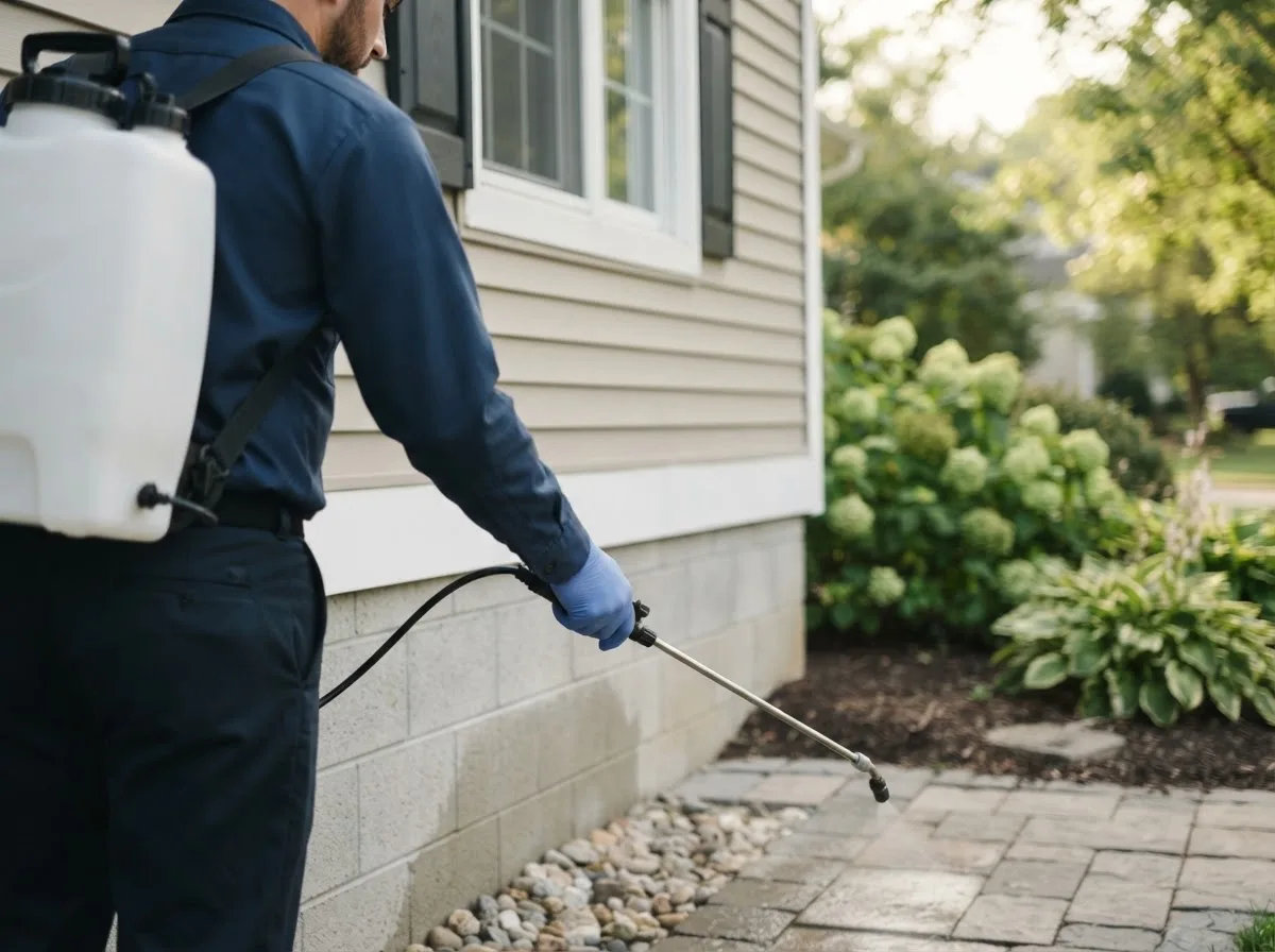 Pest control technician inspecting a home in Collins, MO
